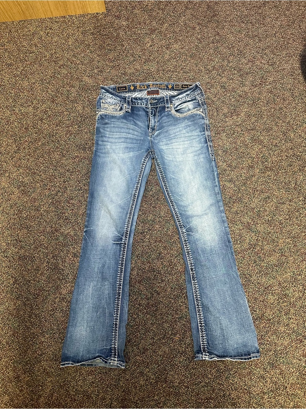Rock Revival Faded Light Blue Bootcut Jeans with Contrast Stitching